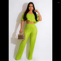 Women's Two Piece Pants Langmao Summer Ruched 2 Set Women Casual Solid Pleated Off Shoulder Sleeveless Top Wide Leg Pant Suit