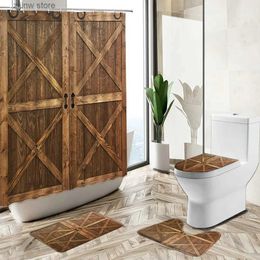 Shower Curtains European Old Geometric Wooden Door Shower Curtain Rural Retro Style Bathroom Decor Non-Slip Carpet Toilet Cover Floor Mat Set Y240316