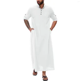 Ethnic Clothing Mens Middle Arabic Style Simple Long Button Muslim Robe Sleeve Side Slit Pocket