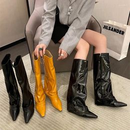 Boots Niche Internet Celebrity Slope High Heeled Black Knee Length Slim Pants Straight Leg Pointed Knight For Women