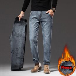 Winter Men Fleece Warm Jeans Classic Style Business Casual Regular Fit Thicken Stretch Denim Pants Male Brand Trousers 240311