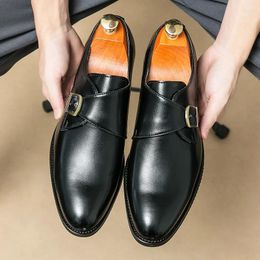Dress Shoes Black Loafers For Men Brown Buckle Strap Solid Round Toe Pu Leather Size 38-46