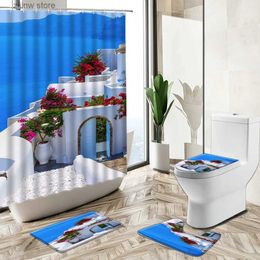 Shower Curtains Greece Seaside Natural Scenery Shower Curtain Castle Architecture Flower View Bathroom Non-Slip Rug Toilet Cover Bath Mat Set Y240316