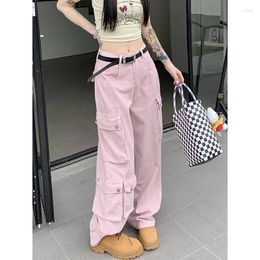 Women's Jeans Korean Version Pink Fashion Multiple Pockets Cargo Pants For Women Commuting Baggy Trousers Y2k High Waist Wide-Leg