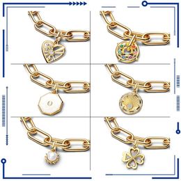 925 Silver 2024 New 14K Gold Plated Sunshine Power Medal Charm Fit Original PAN Me Bracelet DIY Jewellery Women's Gift Free Shipping