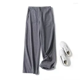 Women's Pants YENKYE Women Gray Wool Blend Flannel Straight Vintage Elastic High Waist Office Ladies Casual Trousers