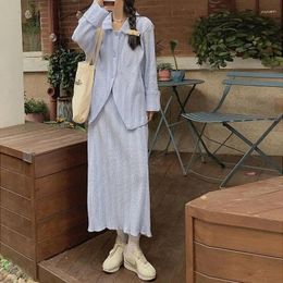 Work Dresses Herstory 2024 Spring Autumn Women Outfits Long Sleeve Turn-dwon Colalr Blouse High Waist Mid-calf Skirt Korean 2pieces Sets