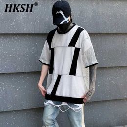 Men's T-Shirts HKSH Summer New Hollow Black and White Matching Short sleeved T-shirt for Mens Trendy Fashion O-neck Mesh T-shirt HK0153 J240316