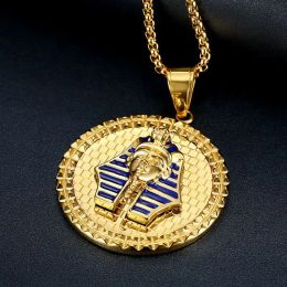 Fasshion Lassic Ancient Egyptian Pharaoh Tutankhamun Mask Medal Pendant 14K Gold Necklaces for Men Hip-Hop Party Jewellery Gift