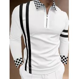 Mens Polo Shirt Colour Matching Turn-down Collar Zipper Polo Shirts Brand Men Long Sleeved Spring Autumn Shirt Man Clothes 240326