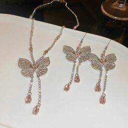 Wedding Jewelry Sets Sparkly Crystal Tassel Butterfly Neckalce Earring Set Women Butterfly Jewelry Sets for Gift Party Q240316