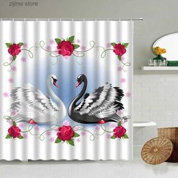 Shower Curtains Love Rose Swan Shower Curtain Romantic Red Flower Couple Girl Home Bathroom Wall Decor With Hook Screen Holiday Gift Washable Y240316