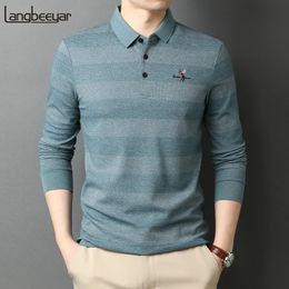 High End Fashion Brand Striped Designer Embroidery Casual Turn Down Collar Long Sleeve Polo Shirts Men Tops Men Clothes 240314