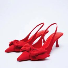 Lady Big Bow Flock Modern Sandals Kitten Heels Shoes Pointy Toe Nigh Club Sweet Pumps Back Strap Zapatos Mujer Red 41 40 25.5cm 240408