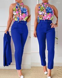 Women's Two Piece Pants Set Women Outfit 2024 Summer Floral Print Tie Neck Sleeveless Tank Top & Casual High Waist Without Coat
