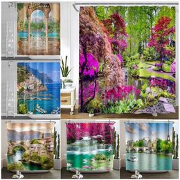 Shower Curtains Forest Park Landscape Shower Curtains Seaside Town Mountain Waterfall Nature Scenery Garden Wall Hanging Bathroom Curtain Decor Y240316