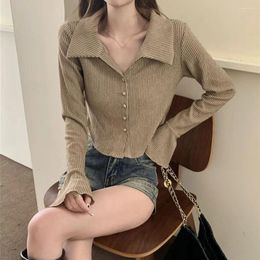 Women's Blouses Spring Women Top Striped Print Irregular Lapel Blouse Fashion Statement With Long Trumpet Sleeves Loose Fit Long-sleeve