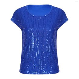 Women's Tanks Womens Summer Glittery Sequins Shirts Fashion Cap Sleeve Round Neck T-Shirt Nightclub Party Sparkly Blouse Performance Tops