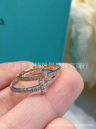 Tifaniym classic Small T Full Diamond Ring for Women 925 Silver Plated 18K Gold Exquisite Light Luxury Fine Arrangement Design with Geometric Lines shaped