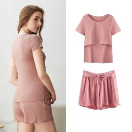Tanks Cotton Breastfeeding Clothes ShortSleeved Summer Thin Maternity Pyjamas Suits Women's Postpartum Homewear Ropa de Maternidad