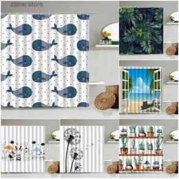 Shower Curtains Cartoon Sea Animal Blue Dolphin Fish Pattern Shower Curtain Set Fun Kids Bathroom Decoration Toilet Partition Waterproof Screen Y240316