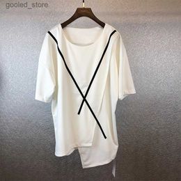 Men's T-Shirts Summer new Harajuku style line stitching loose short-sleeved T-shirt designer fake two irregular hem trendy T men Q240316