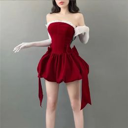 Sexy Bow Strapless Dresses Summer Womens Dress 2024 Lace Slash Neck Solid Skinny High Waist Wrapped Chest Mini Dres 240306
