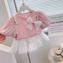 Clothing Sets Summer Girls Clothing Sets Bow Streamer Pearl Stitching Short-Sleeved Tutu Skirt Fashion Baby Kids Outfit Children Clothes Suit