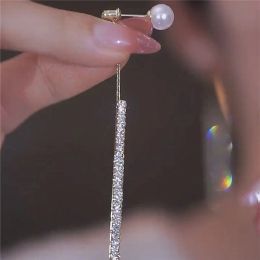 Korean Long Tassel Pearl Dangle 14K White Gold Earrings for Women Luxury Full Rhinestone Gold Color Drop Earrings Wedding Party Jewelry Gift