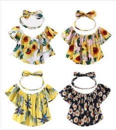 Baby Girls Clothes Sunflowers Kids Outfits Toddler Off Shoulder Ruffle Floral Tops Blouse Headband Summer Casual Fashion Sunsuit C4969832