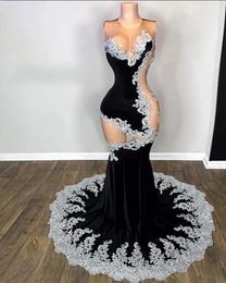 Silver Lace Appliques Black Velvet Mermaid Prom Dresses 2024 Luxury Sexy Sheer O Neck Formal Gown Party Evening Birthday Dress Black Girl vestidos