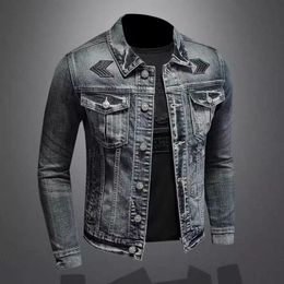 Mens Vintage Denim Jacket High Street Trend Loose Riding Biker Clothing Handsome Casual Buttoned Lapel 240311