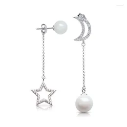 Stud Earrings Diamond Hollow Star Moon 925 Sterling Silver Pearl Asymmetric Tassel Jewellery