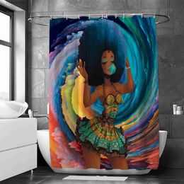 Shower Curtains 1Pcs Colourful African Pop Head Girl Blowing Bubble Waterproof Shower Curtain Bathroom Decoration with 12 Plastic Hooks Y240316