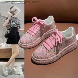 Dress Shoes Autumn Leather Women Shoes New Style Fashion Pink Platform Shoes Ins Platforms Sneakers Tide Shine Bling Rhinestone Board Shoes Q240316