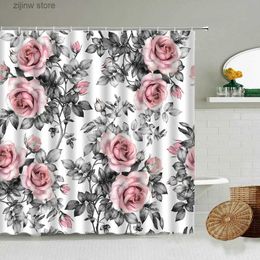 Shower Curtains Pink Blue Purple Rose Flower Bud Leaf Shower Curtain White Background Bathroom Waterproof Polyester Curtains Home Decoration Set Y240316