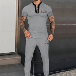 Men Outfit Set European American Summer Mens Clothing Trend Youth Leisure Sports Suit Fashion Tshirt Pants 2piece 240312