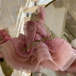 Luxurious Glitter Flower Girl Dress Ruffles One Shoulder Cute Baby Tutu Party Gown Short Graduation Kids Prom 240312