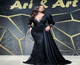 2023 Black Lace Prom Dresses Engagement Formal Dress Dubai Arabic Long Sleeves Mermaid Evening Gown8211897
