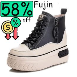 Fujin alta superior sapatos femininos de couro genuíno 8cm botas plataforma cunha salto escondido zip primavera outono pele quente inverno tênis 240313