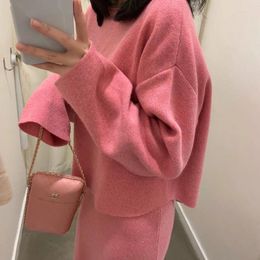 Work Dresses Elegant Ladies Solid Cashmere Sweater Skirt 2 Piece Set Women Fashion O Neck Long Sleeve Knitted Pullovers Suits Winter