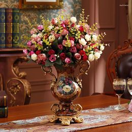 Vases European Resin Vase Artificial Flower Set Figurines Home Furnishing Decoration Crafts Livingroom Silk Fake Pot Ornaments