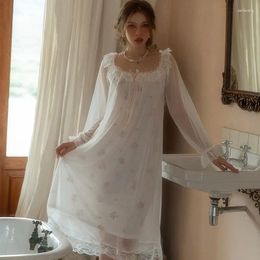 Women's Sleepwear Womens Nightdress Cotton Lace Mesh Long Sleeve Sexy Elegant Nightgowns Sleepshirt Nightwear Loose Pyjamas Night Dress