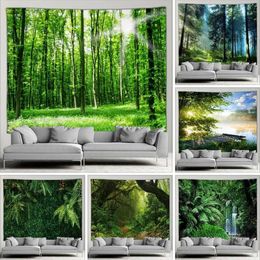Wall Tapestry Nature Forest Waterfall Landscape Outdoor Garden Poster Tropical Greenery Wall Hanging Rustic Home Decor Art Mural 240304