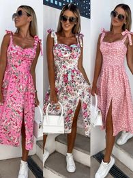 Summer Spaghetti Strap Dres Sexy Floral Print Sleeveless Sling Dress Boho Slash Neck Slit Beach Party Sundress Robe 240313