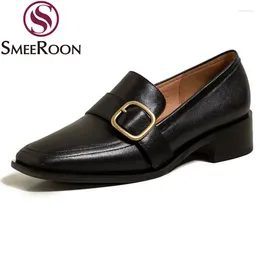 Casual Shoes Smeeroon 2024 Genuine Leather Women Pumps Thick Heels Square Toe Simple Ladies Office Spring Summer Single