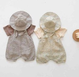 Summer Infant Boys Girls Clothes Set Korean Style Cotton Tshirt Plaid Jumpsuit Hat born Baby Romper Clothing 2105158997453