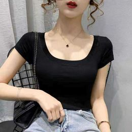 Low necked short sleeved t-shirt for women in spring/summer 2024 slim fitting sleeveless vest for slimming effect top for layering slim fitting short bottomed shirt