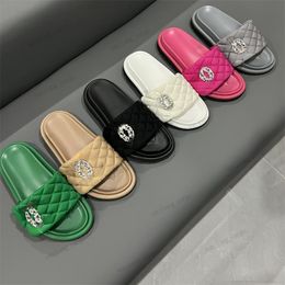 Interlocking C rhinestone logo slippers classic quilted leather dad sandal thick bottoms Women designer pool slides soft padded flats mules street shoes
