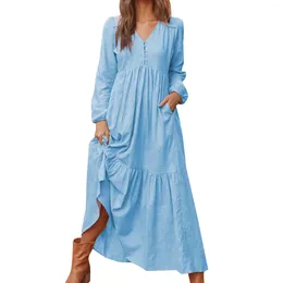 Casual Dresses 2024 Spring Summer Women V Neck Solid Pullover Dress Loose Long Sleeve Cotton Linen Retro Lady Boho